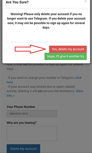 حذف کامل اکانت تلگرام delete telegram